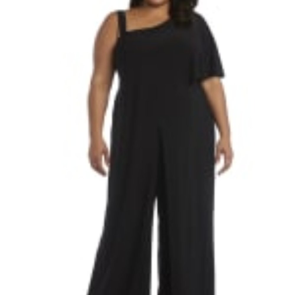 R M Richards Plus Size One-Shoulder Jumpsuit Navy